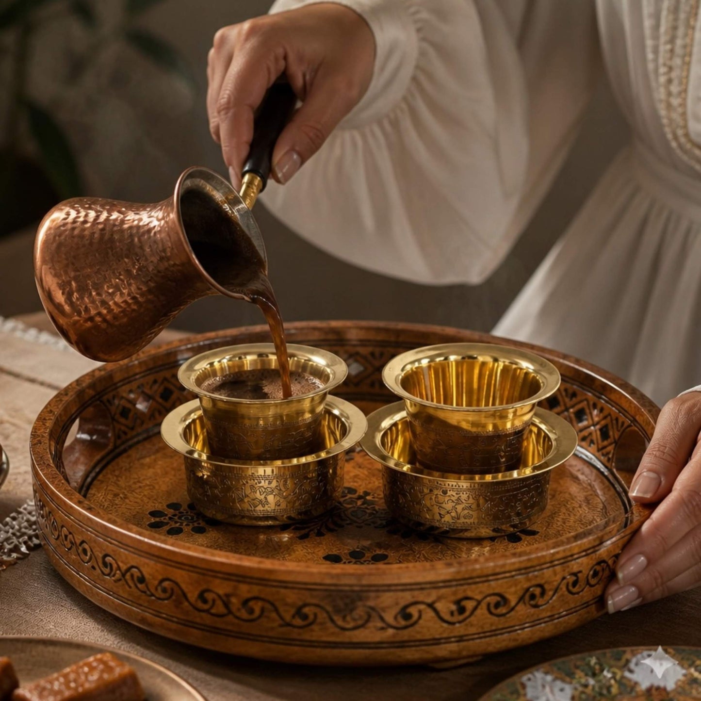 Brass filter coffee being poured into davara tumbler and bowl set on carved wooden tray