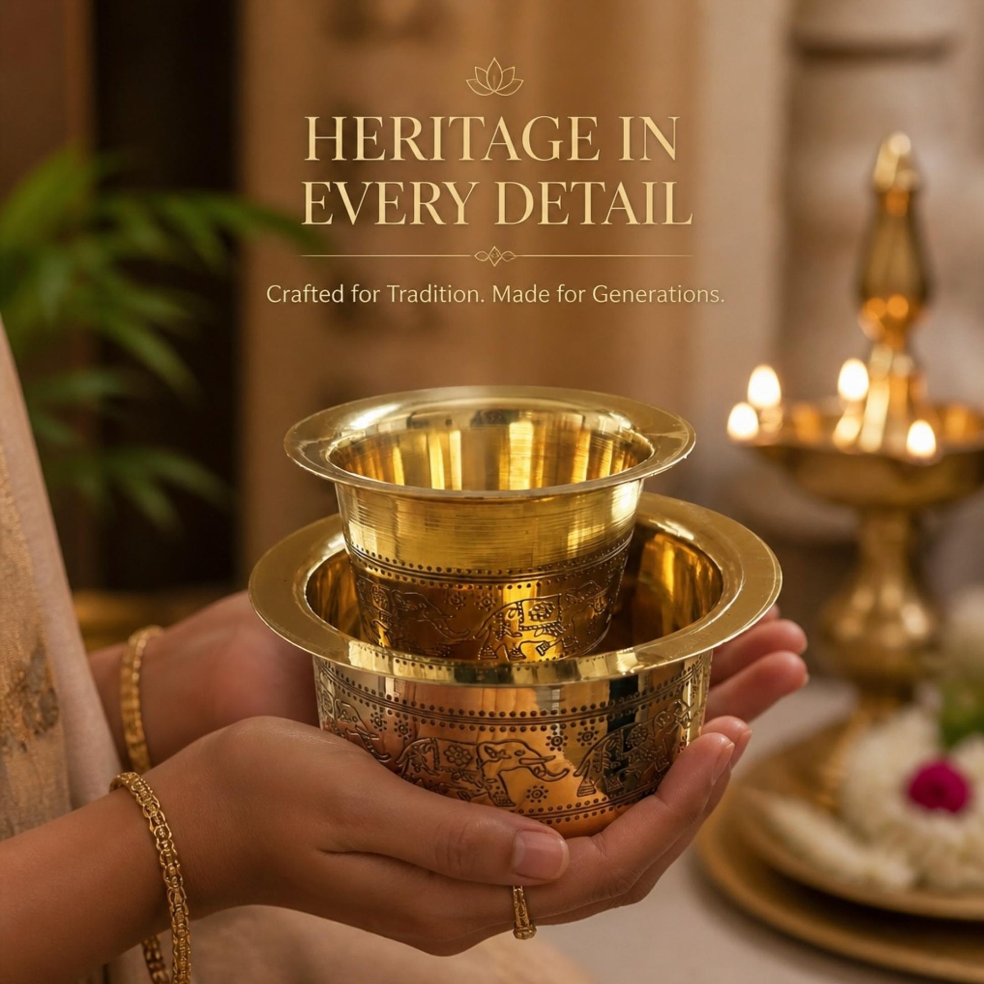 Hands holding brass davara tumbler near oil lamps showcasing heritage elephant motif engraving