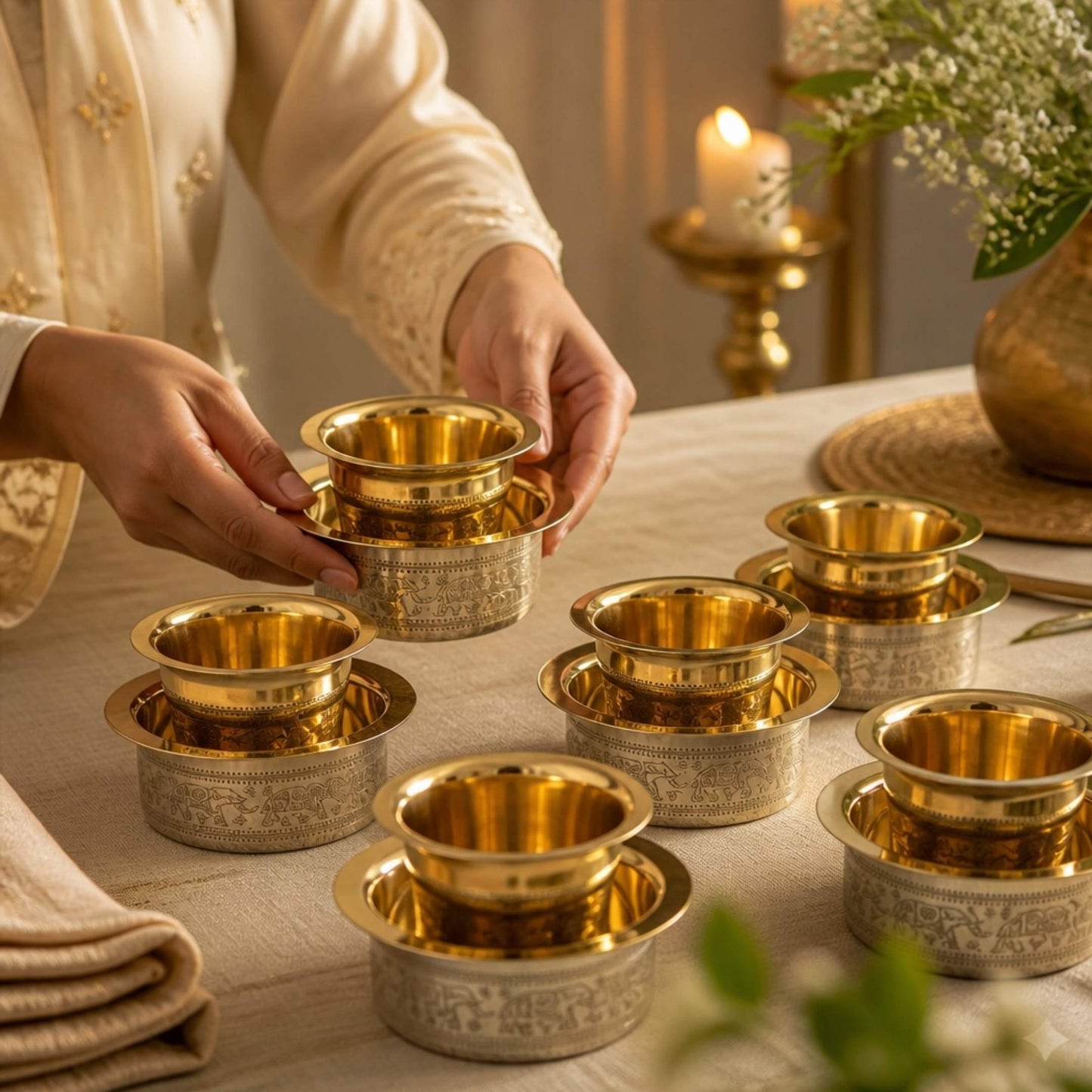 Woman in embroidered kurta serving South Indian filter coffee in brass davara tumbler and bowl