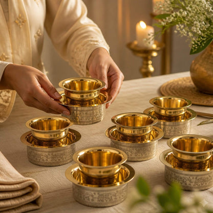 Woman in embroidered kurta serving South Indian filter coffee in brass davara tumbler and bowl