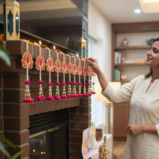 Woman decorating brick fireplace mantel with red lotus dangler garland and marigolds for Diwali pooja