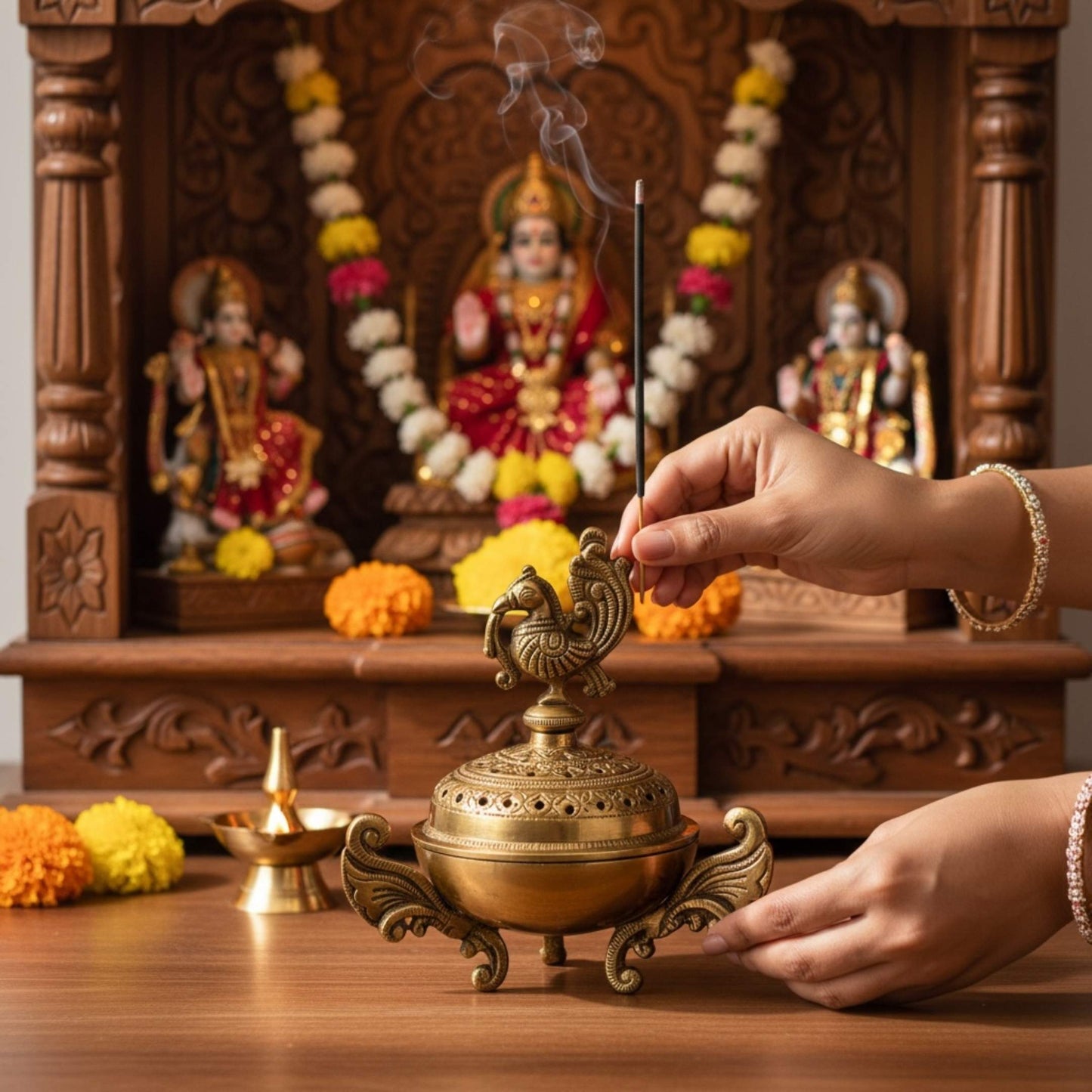 Incense stick burning beside a brass dhoop dani in front of a wooden mandir with deity idols and marigolds
