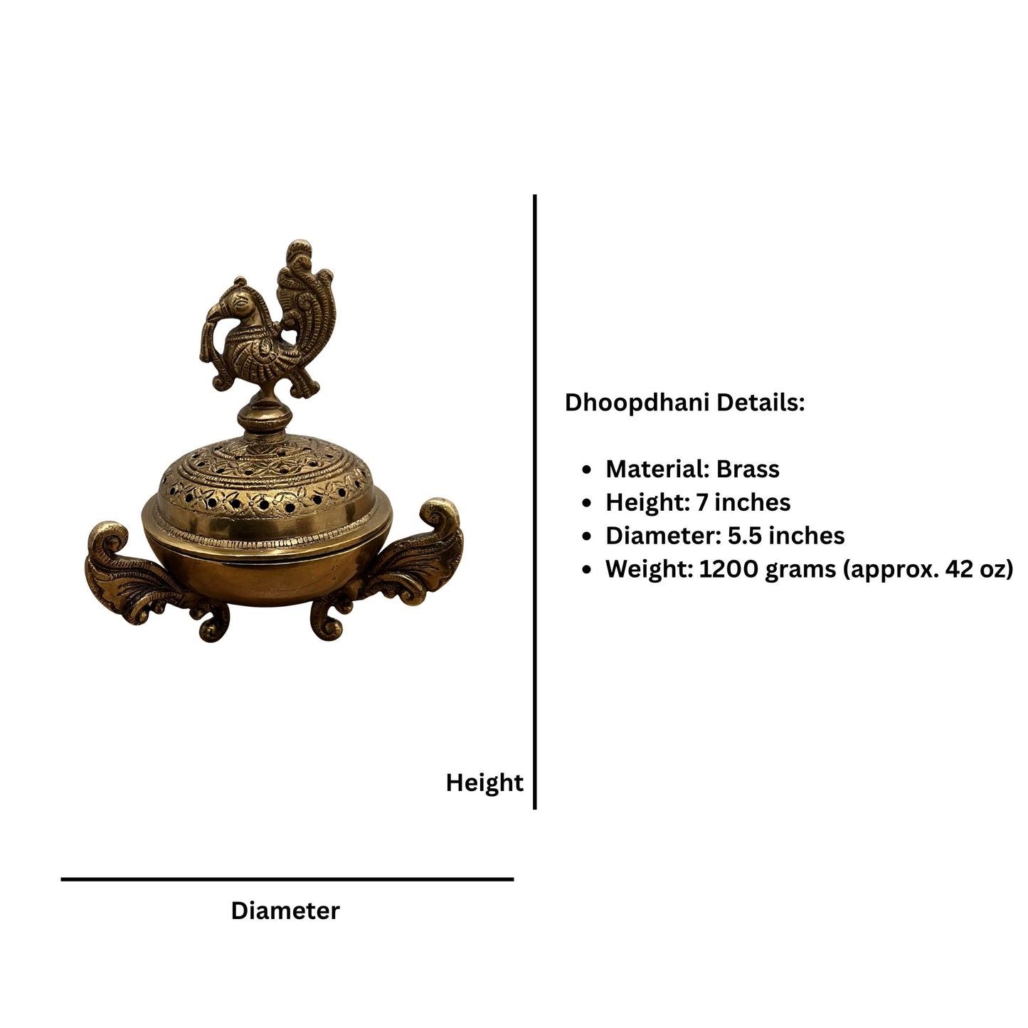 Brass dhoop dani Pushpa with spec overlay: 7-inch height, 5.5-inch diameter, 1200 grams
