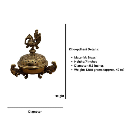 Brass dhoop dani Pushpa with spec overlay: 7-inch height, 5.5-inch diameter, 1200 grams