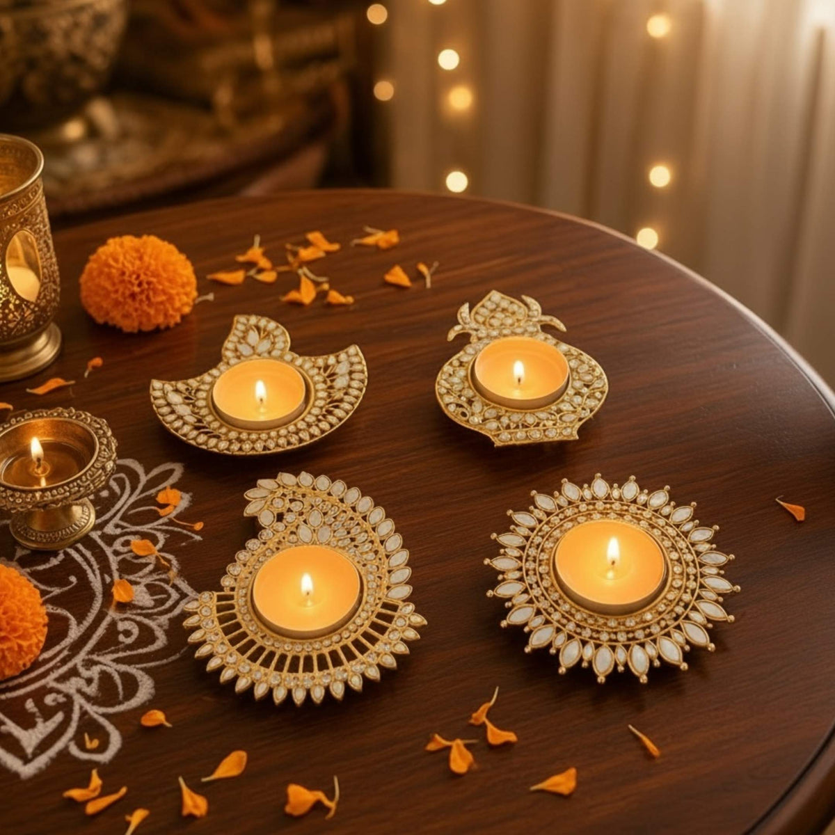 Four lit gold mirror tea light diyas in deep, kalash, mango paisley and sunflower designs on a wood table with marigolds