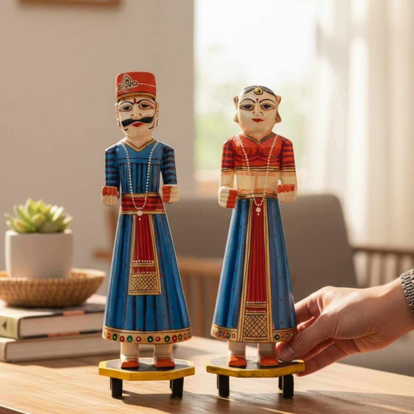 Blue hand-painted Isar Gangaur King and Queen dolls on a wood table beside a succulent plant and stacked books