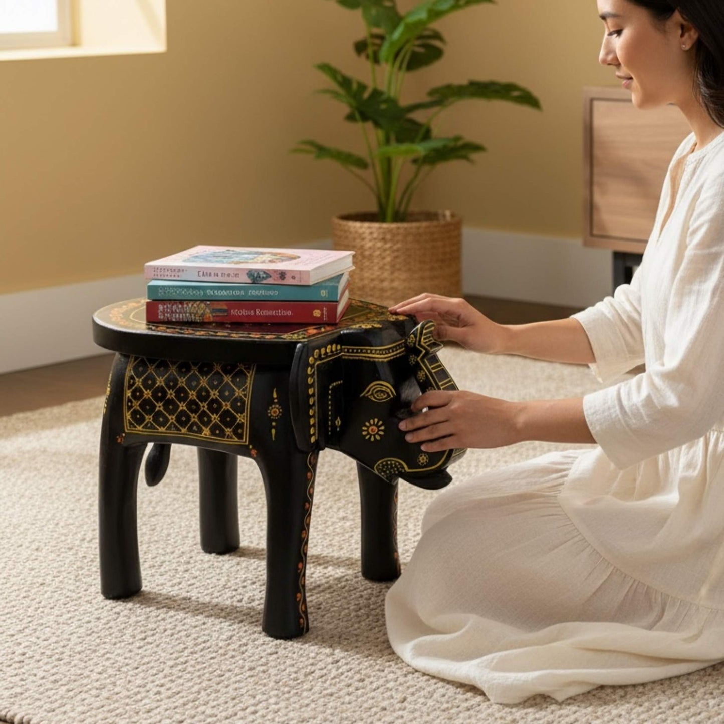 Woman kneeling to place a stack of books on a black and gold elephant stool in a beige-toned room