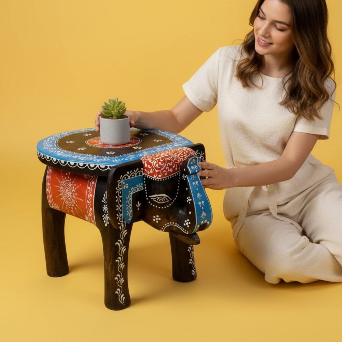Woman kneeling beside a blue and red painted elephant stool holding a small succulent plant