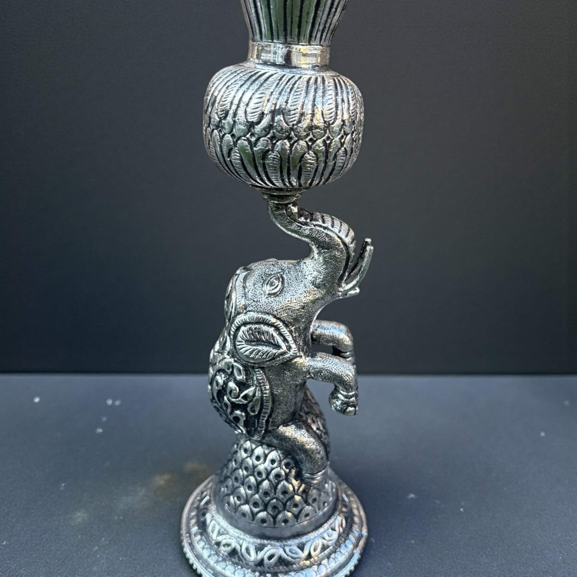 16-Inch Elephant Design Antique Silver Samai Oil Lamps on a dark background