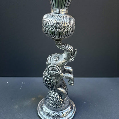 16-Inch Elephant Design Antique Silver Samai Oil Lamps on a dark background