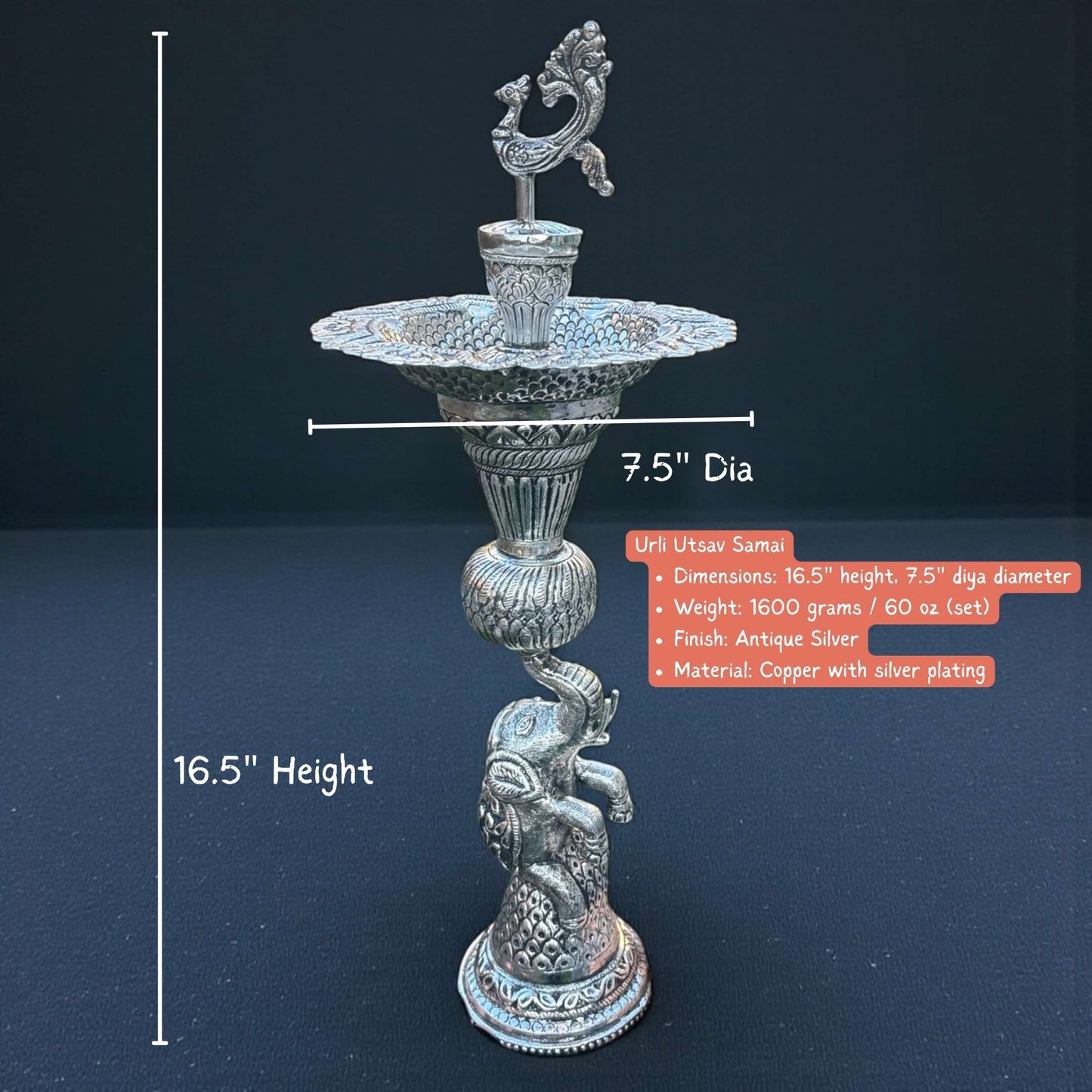 16-Inch Elephant Design Antique Silver Samai Oil Lamps with dimensions and product details on a dark background