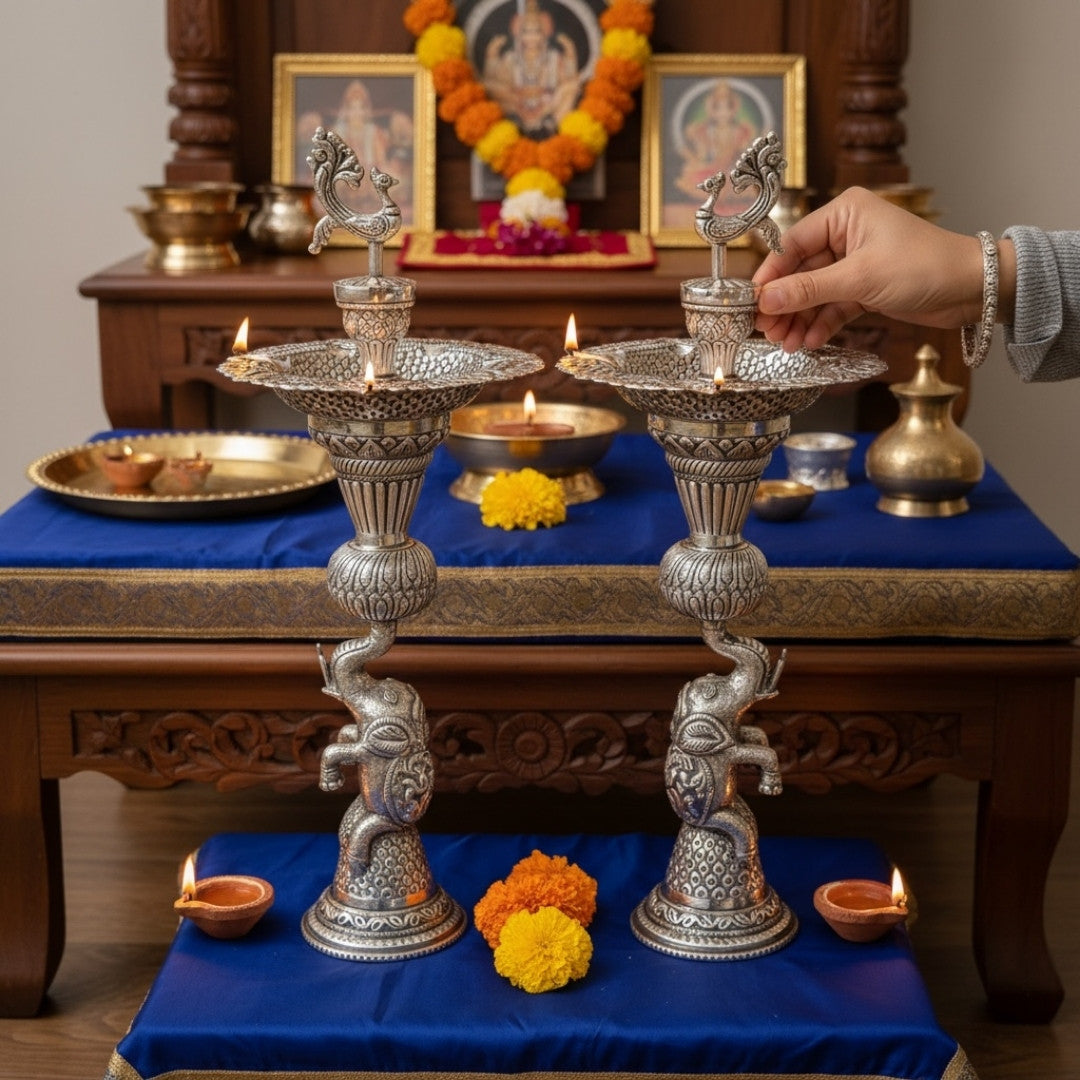 Ceremonial lighting of German silver antique silver samai oil lamp with peacock and elephant base