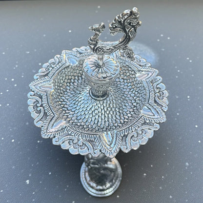 16-Inch Elephant Design Antique Silver Samai Oil Lampswith intricate designs on a gray background