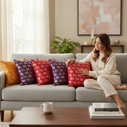 Woman arranging colorful cushions on a sofa in a living room.