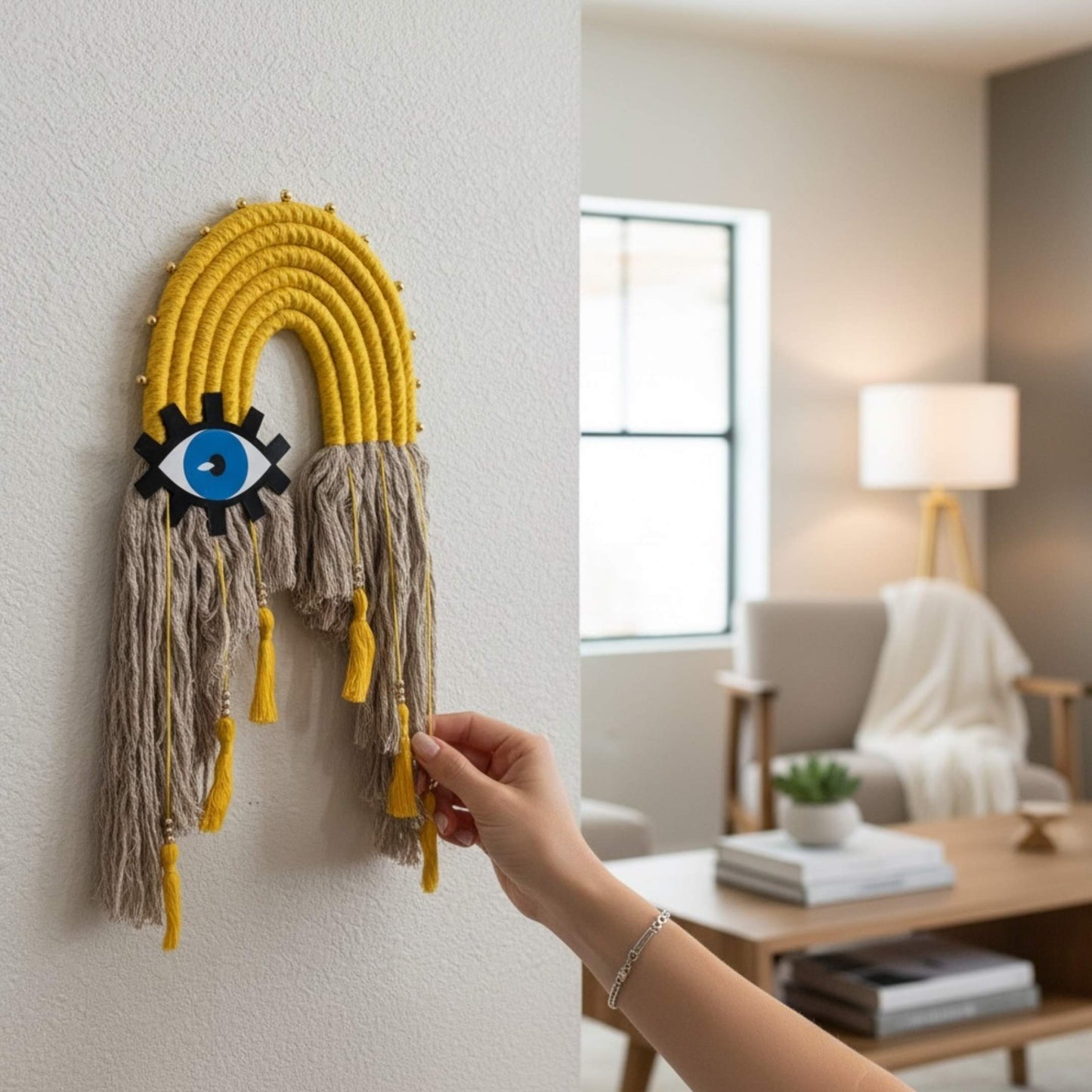 Handcrafted 24 inch blue glass evil eye cotton rope wall hanging on white background.