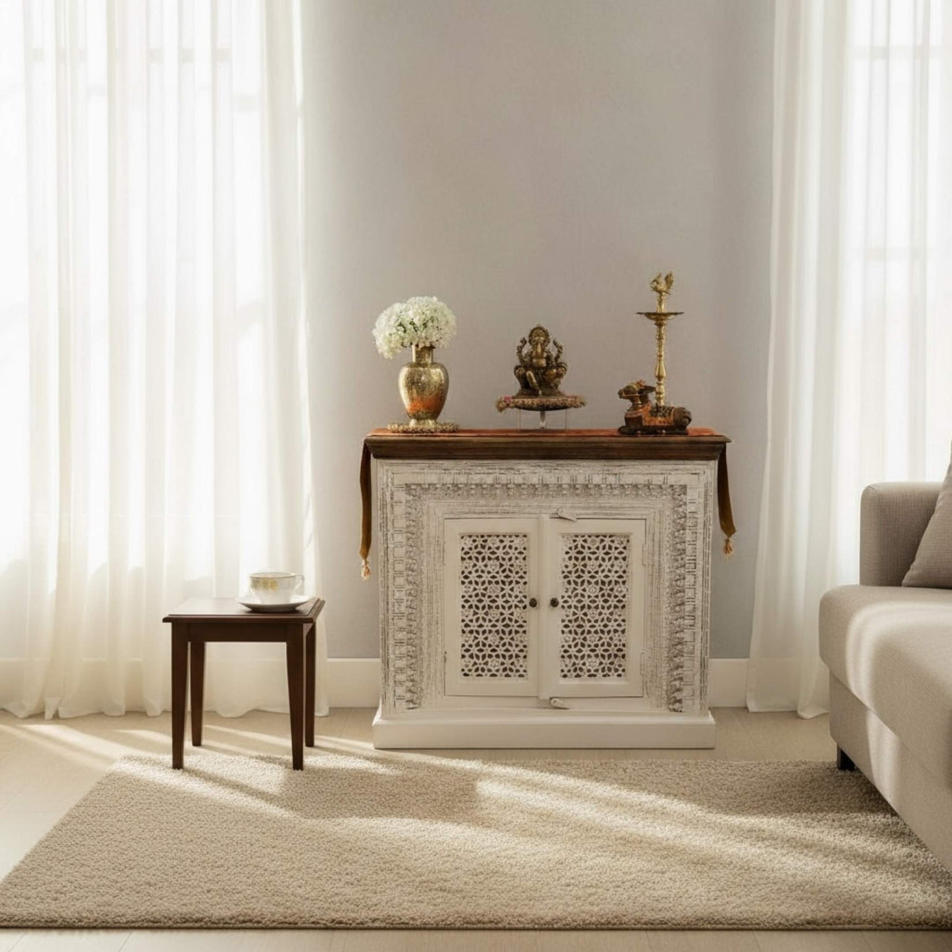 Ornate decorative cabinet and living room styling showing scale and placement for Ganpati idol