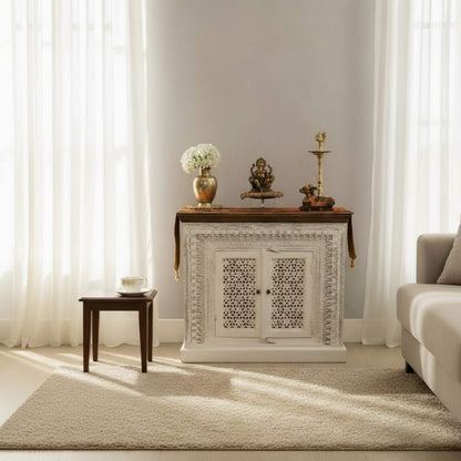 Ornate decorative cabinet and living room styling showing scale and placement for Ganpati idol