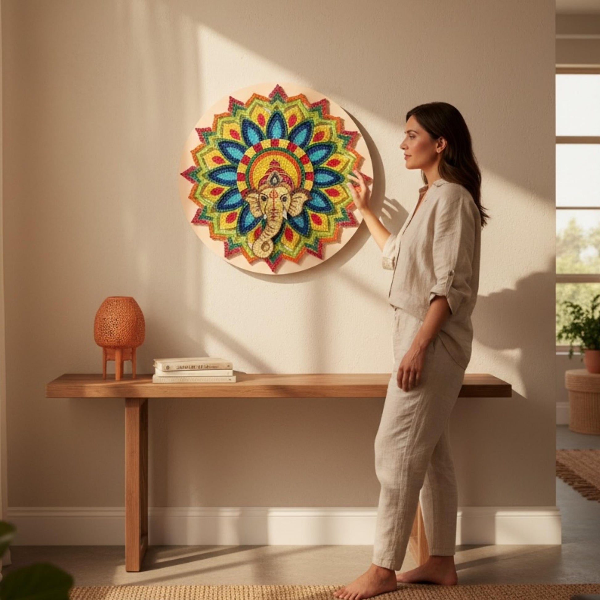 Woman standing in a room with a colorful mandala wall art piece.