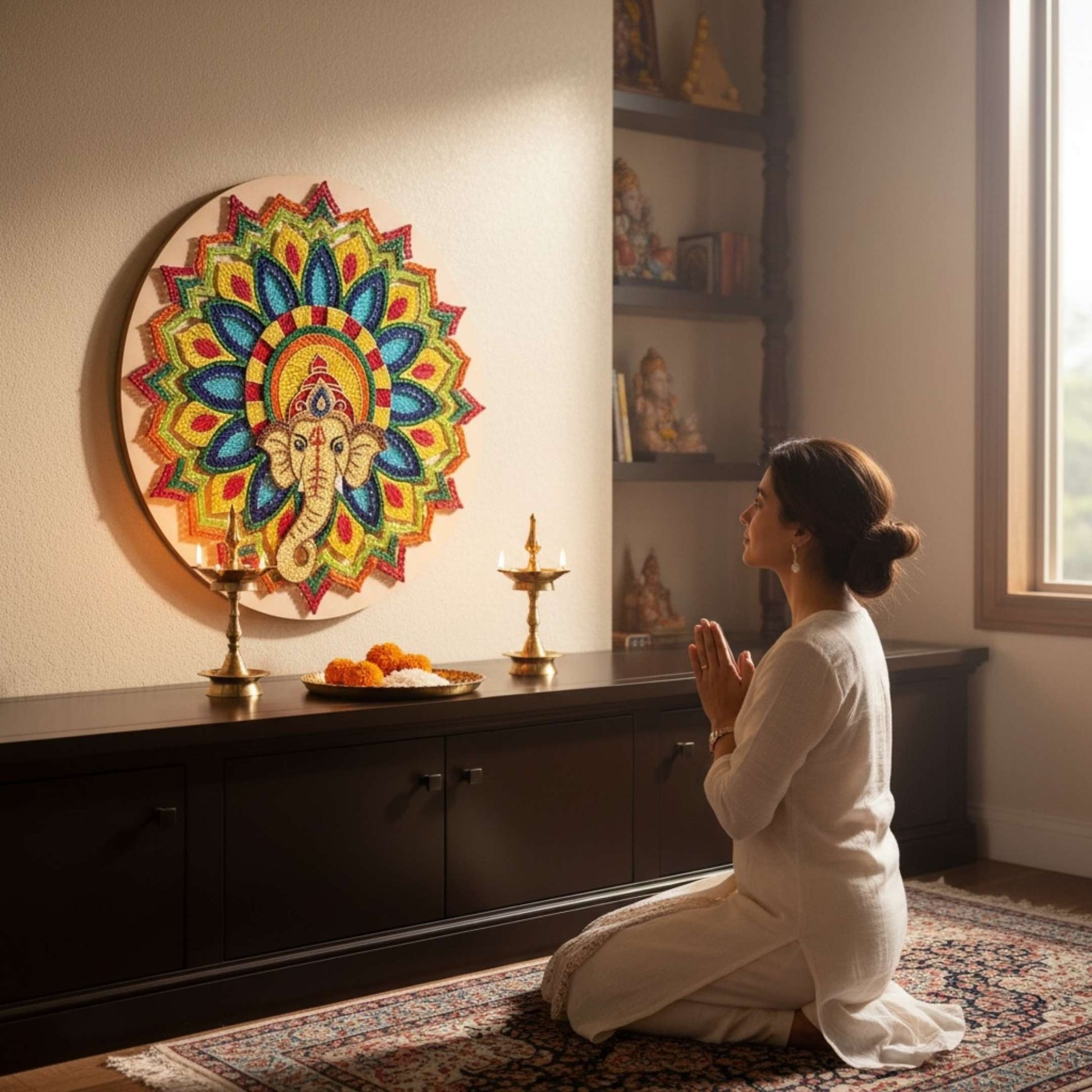 Large 2.5-foot diameter Ganesha string art statement piece for home entryways, yoga rooms, or ethnic living room wall decor.
