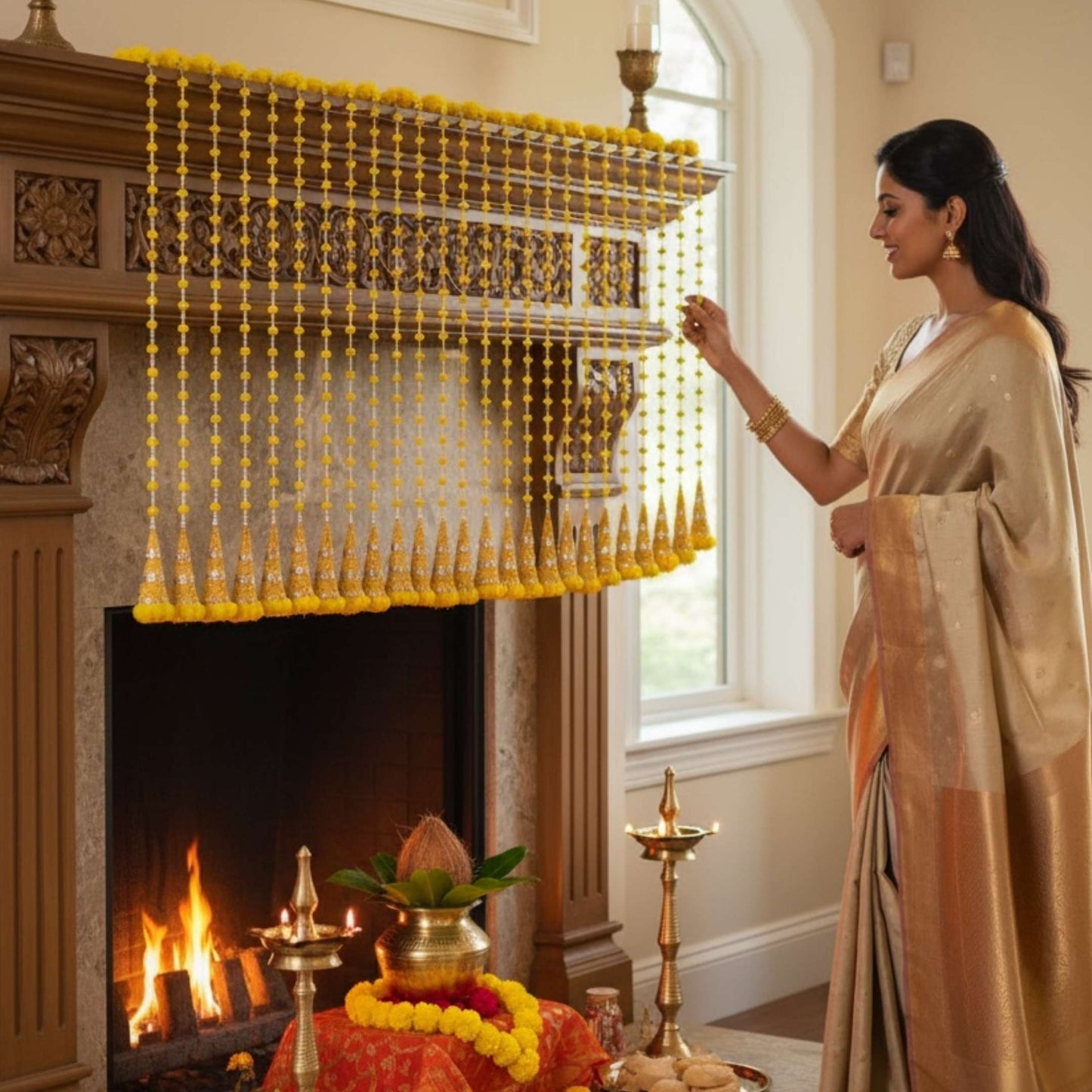 Yellow woolen bead garland on fireplace mantel – housewarming Indian festive decor
