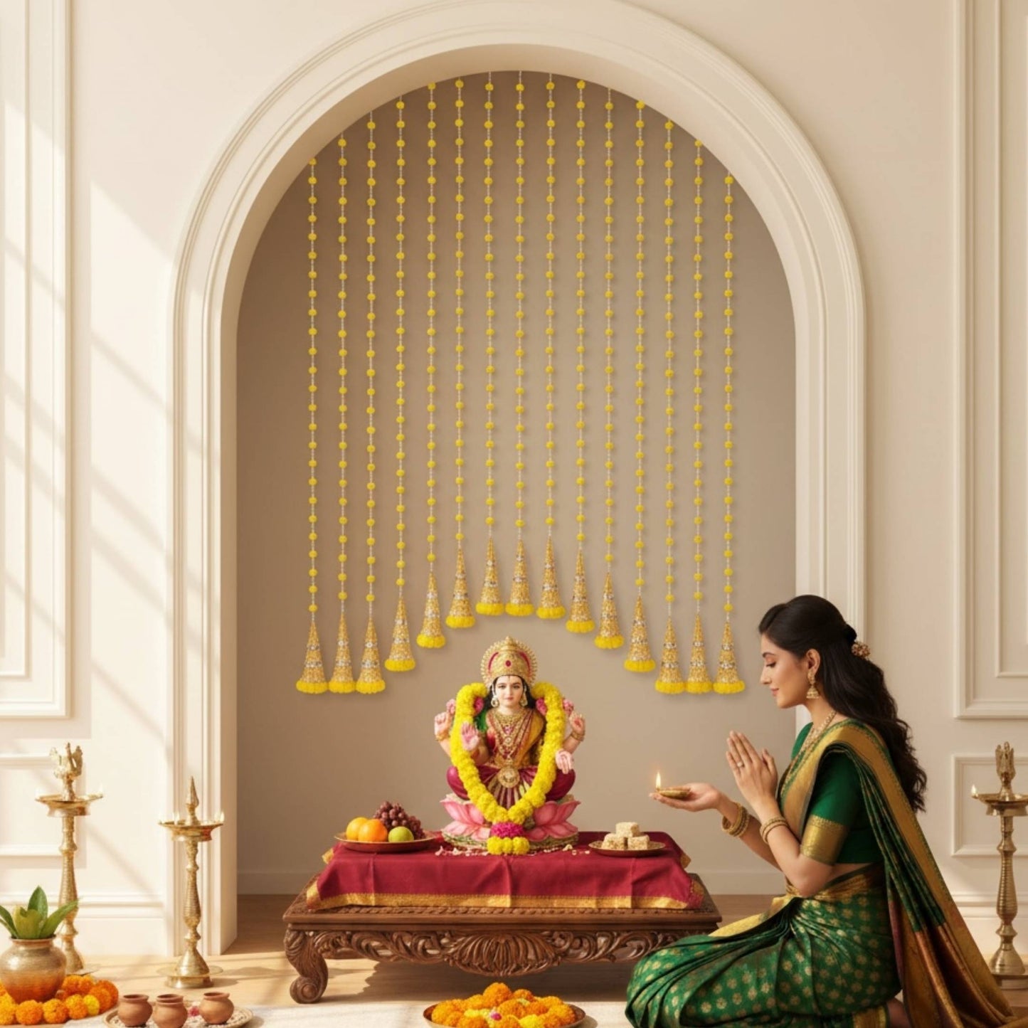 Yellow woolen garland for pooja room decor with deity altar and lit oil diyas
