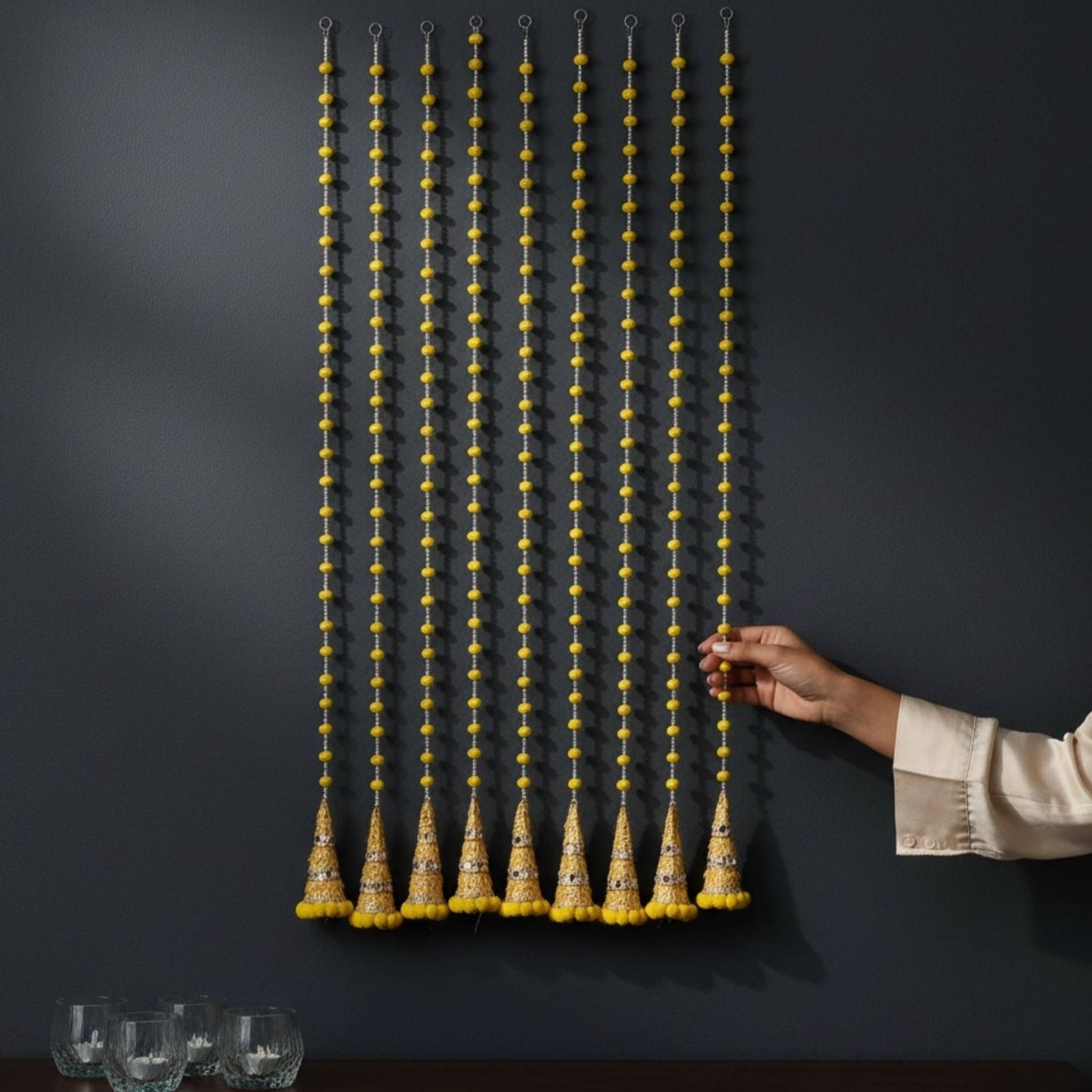 Yellow woolen bead gota cone garland set of 10 strings – Indian festive wall decor