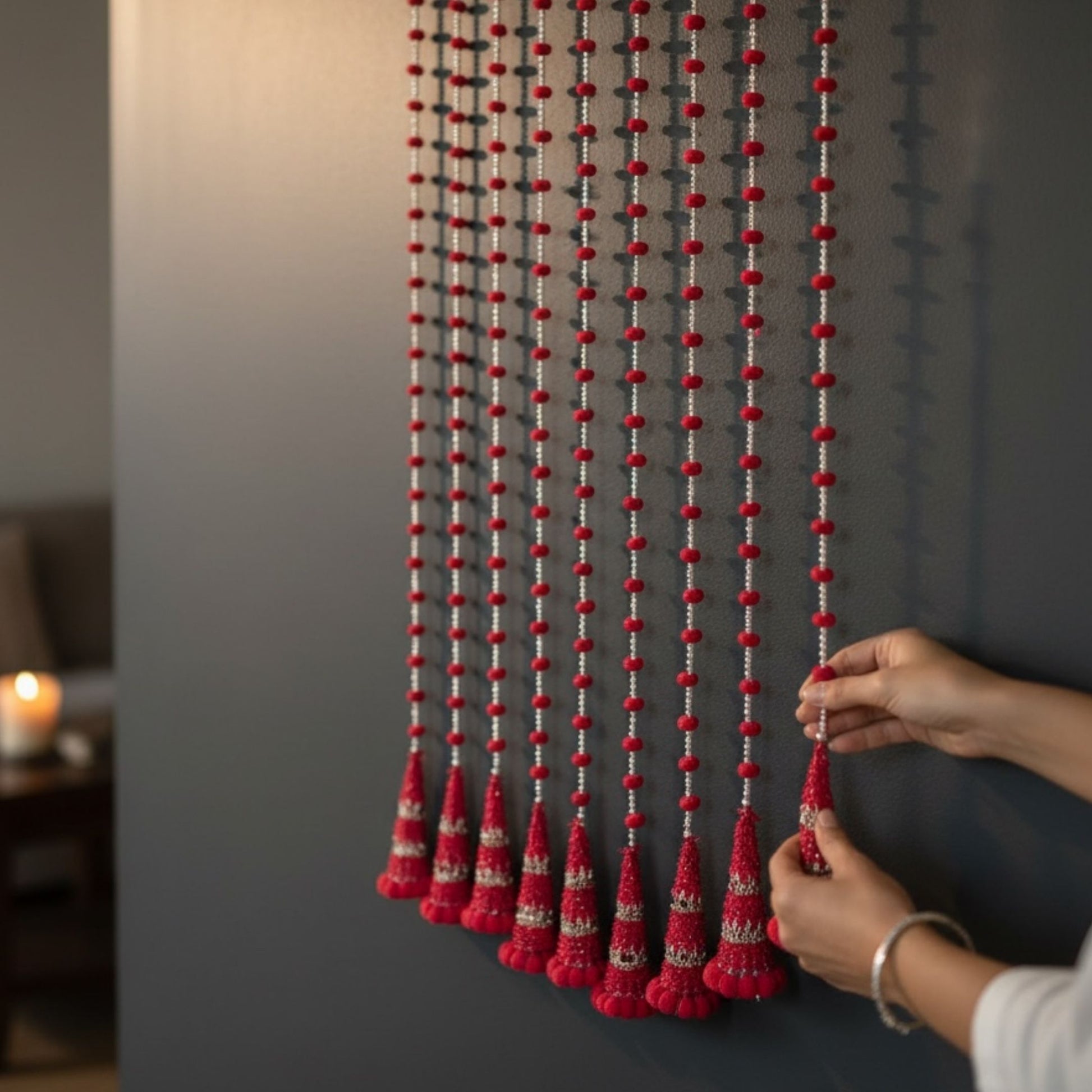 10 strings of woolen bead and gota cone wall hanging garlands for wedding and event decoration.