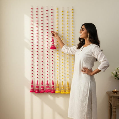Set of 10 Woolen Bead Gota Cone Garlands for Indian festive home decor and Diwali backdrops.