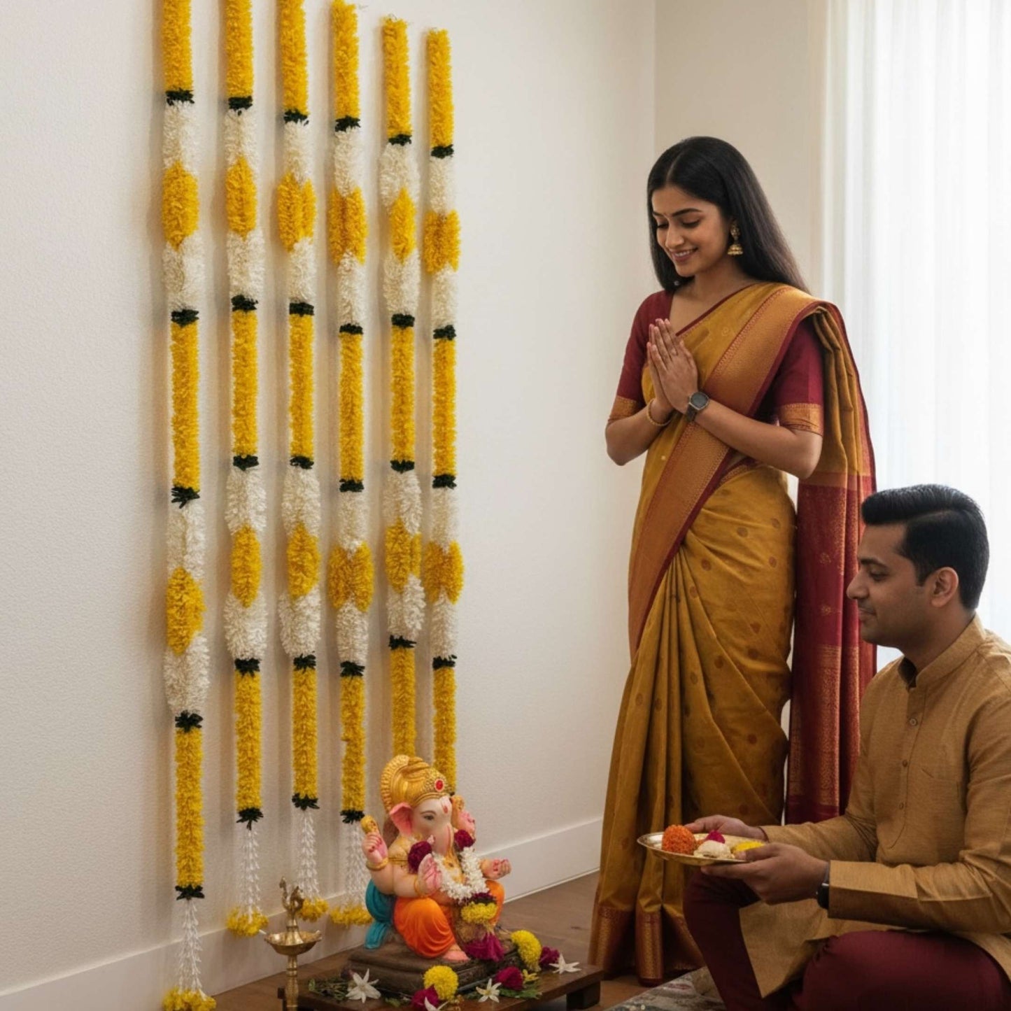 Couple doing Ganesh Chaturthi puja with fabric marigold jasmine garland decor backdrop