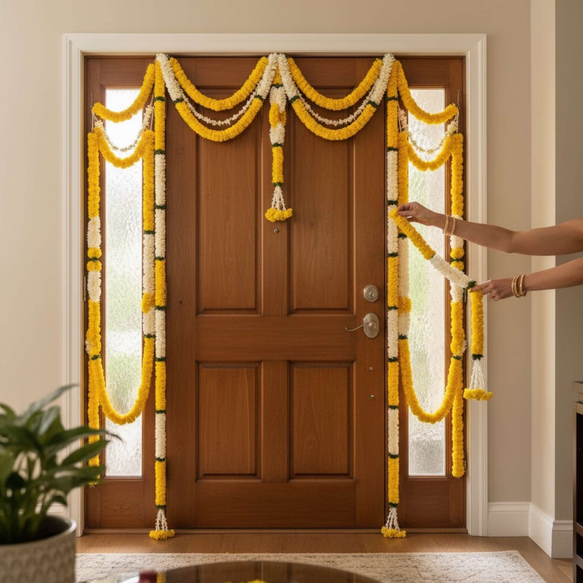 Fabric marigold jasmine garlands as door toran decoration for Indian festival entrance