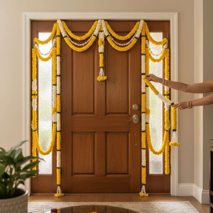 Fabric marigold jasmine garlands as door toran decoration for Indian festival entrance