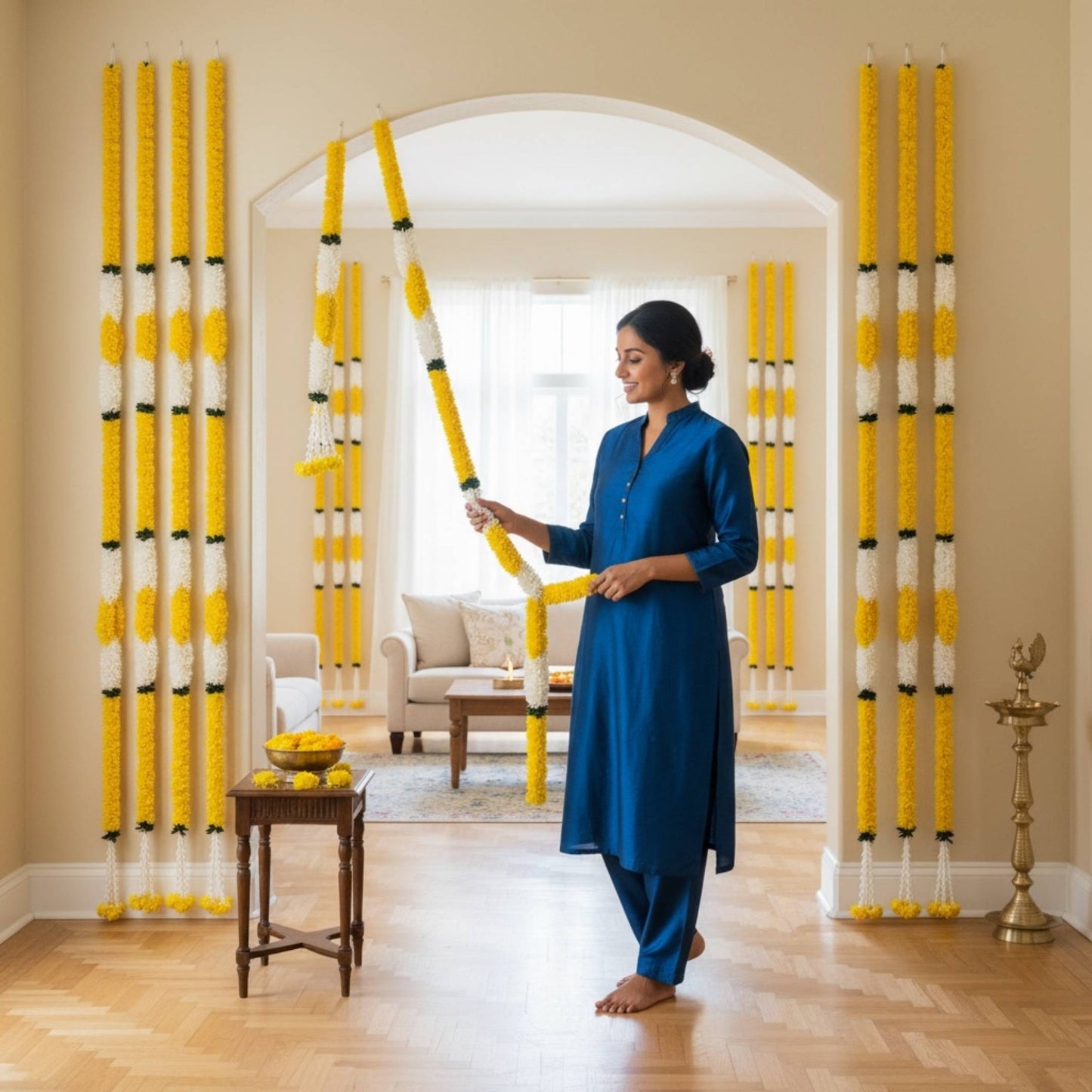 Woman hanging yellow white marigold jasmine fabric garlands on arched doorway – Indian festive home decor for Diwali and housewarming