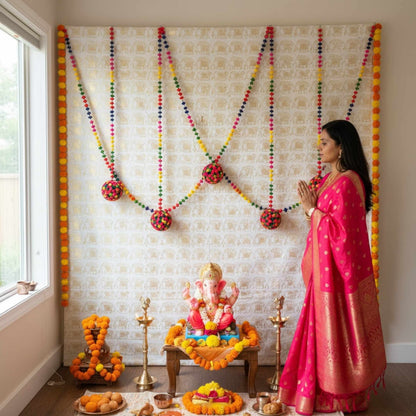 Reusable Indian pompom ball garland for Ganesh Chaturthi puja and mehndi ceremony
