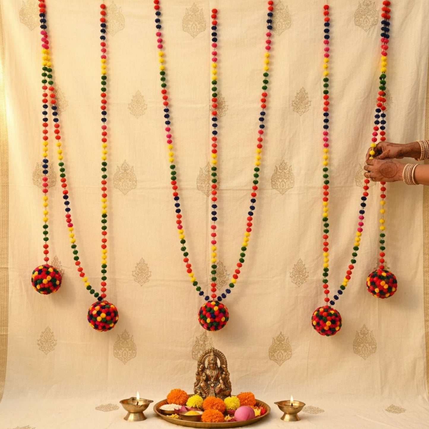 Set of 6 woolen pompom ball garlands for Navratri and Varalaxmi decor