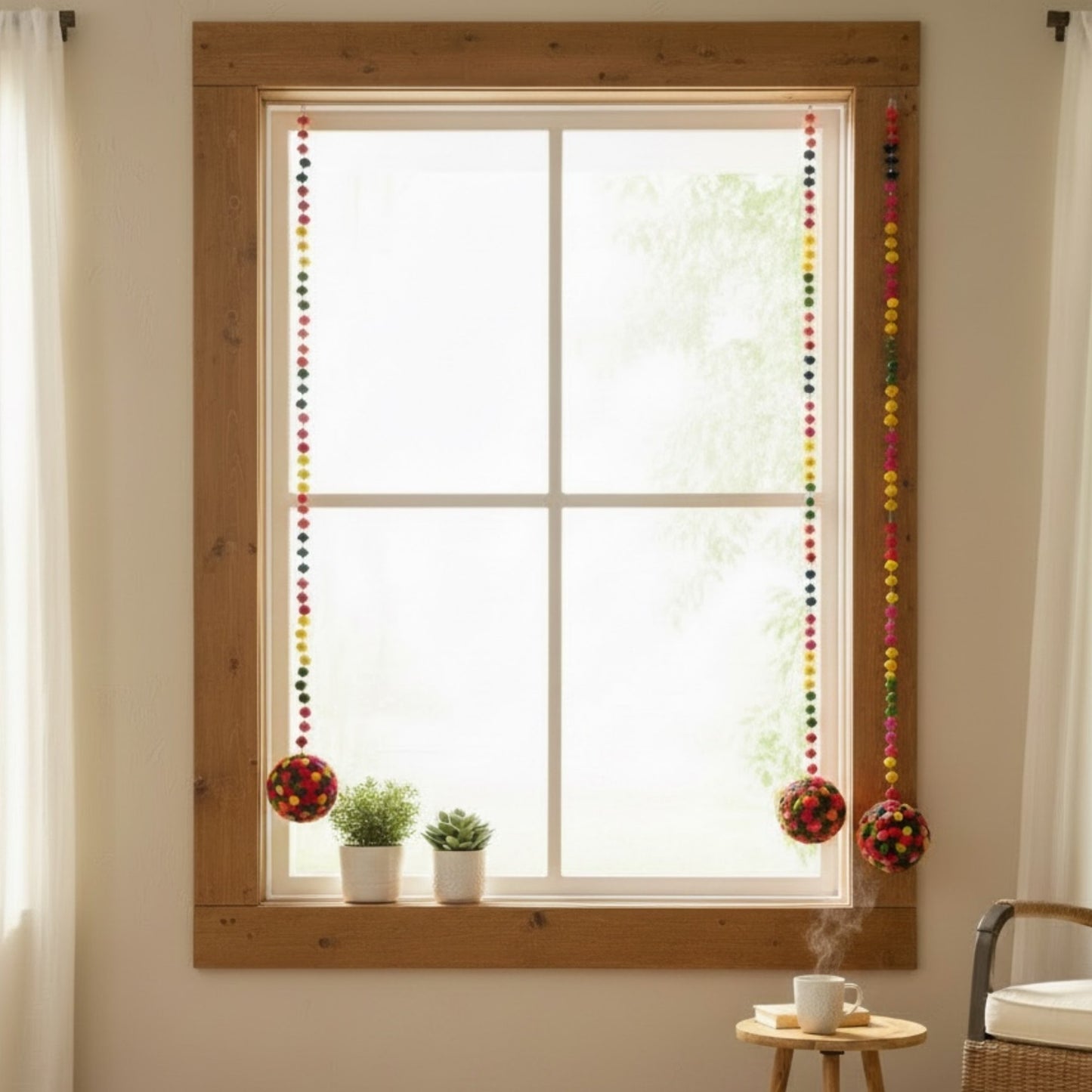 A decorative window decorated with colorful beaded strands hanging vertically from the top and bottom
