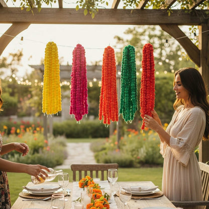 Arranged set of ten yellow red marigold garlands showing festive décor potential for Diwali or wedding events 