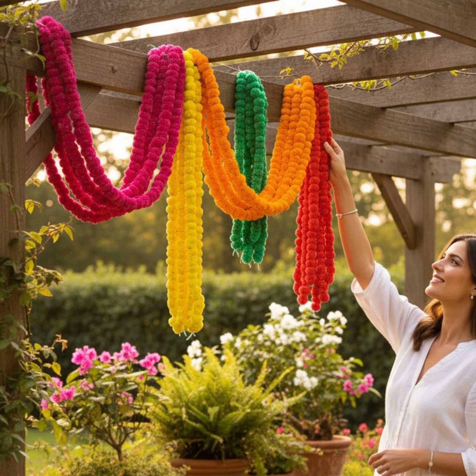 Set of ten red artificial marigold garlands from Urli Utsav for Indian decorative use in puja and celebrations 