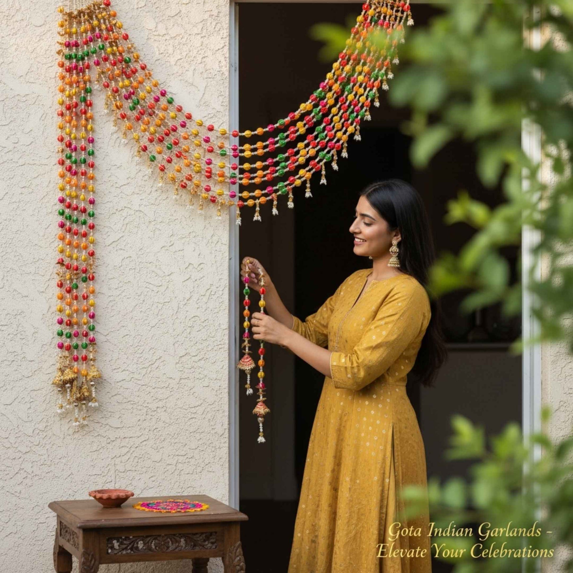 Gota garlands draped on decorative surface showing woolen pompom and pearl embellishment texture