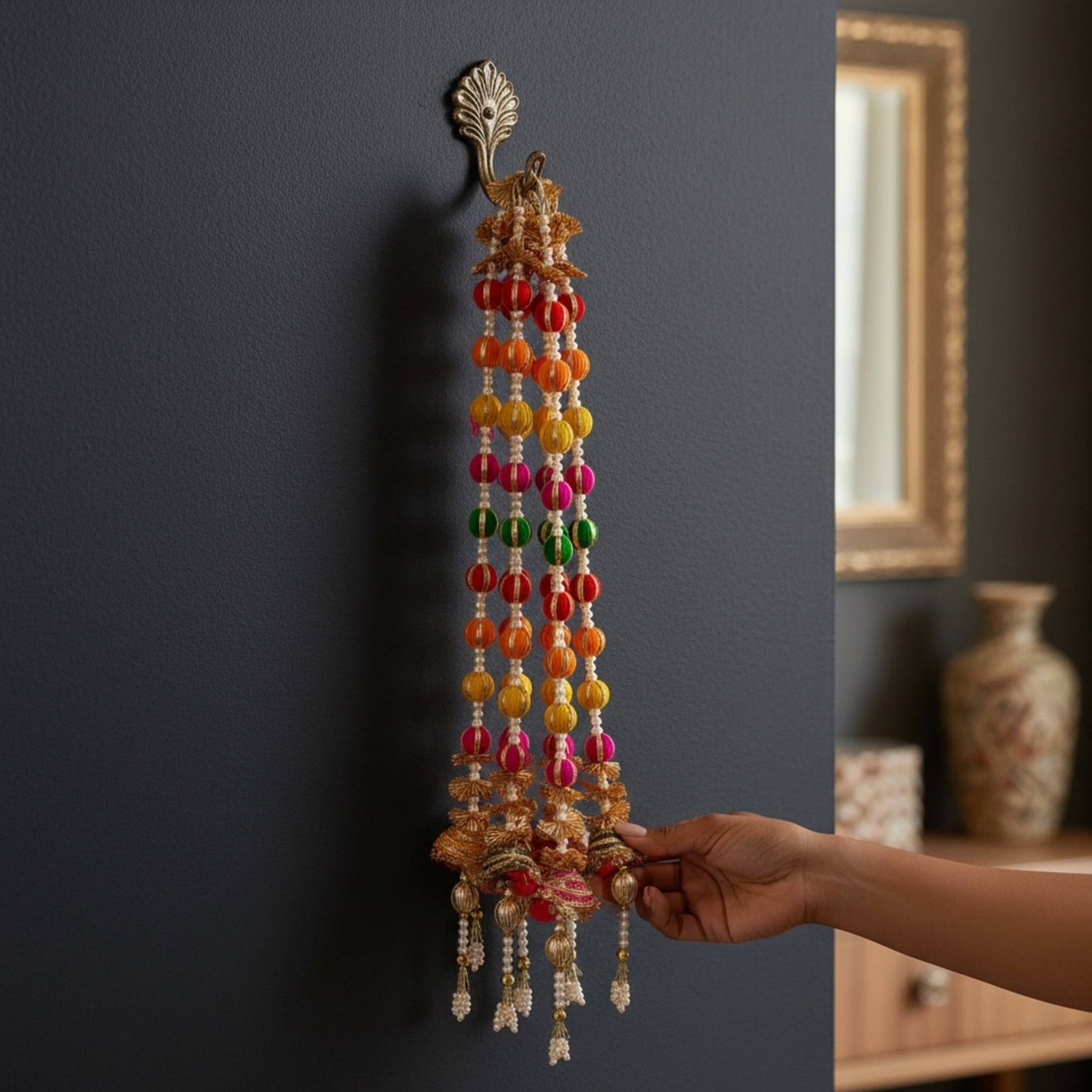 Urli Utsav multicolor woolen bead pearl gota garland hanging on wall for Diwali Indian festive decor