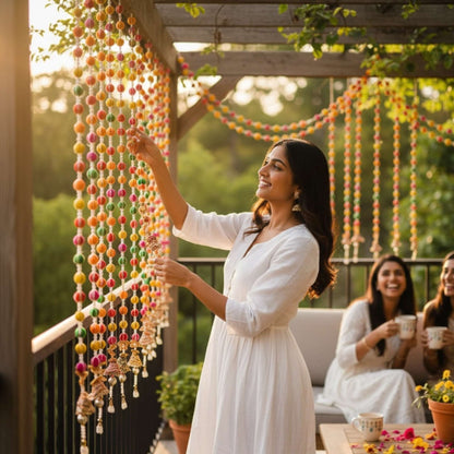 Handmade multicolor gota Indian garland strings decorating outdoor pergola for wedding festive party