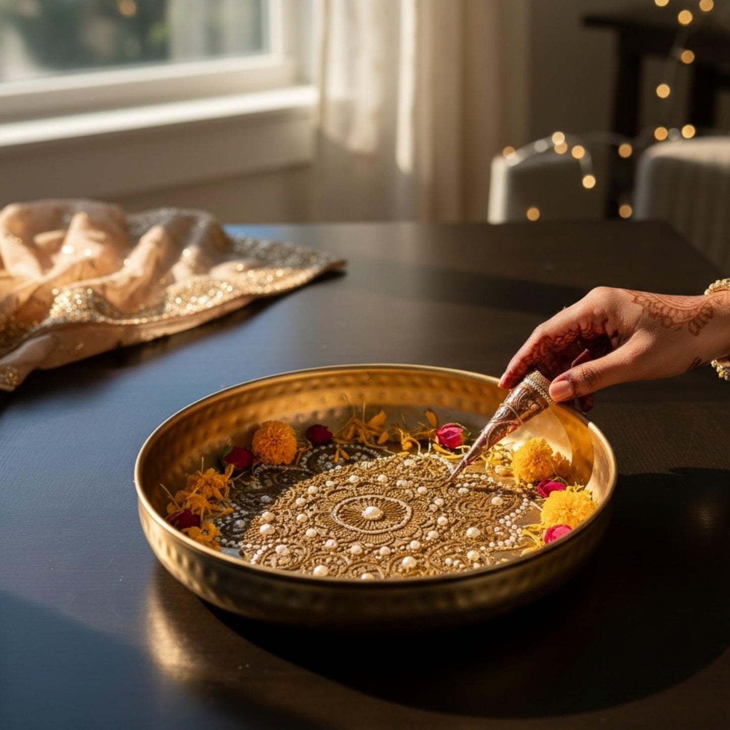 Gold tray with flowers and a small bowl - mehandi platter