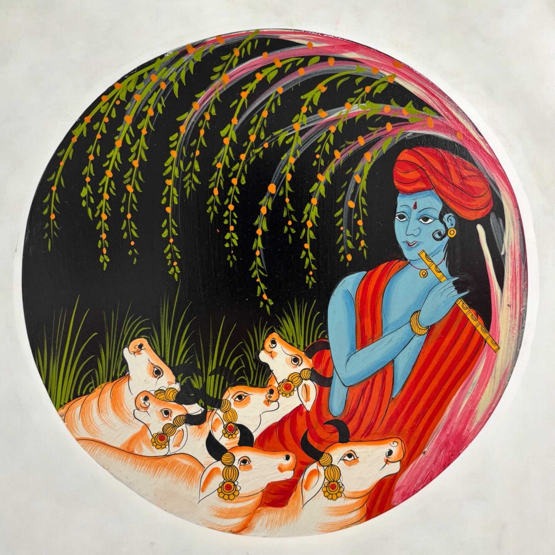 Handpainted Vrindavan wall plate highlighting a serene pastoral scene inspired by Lord Krishna's playful days in the Vrindavan forest