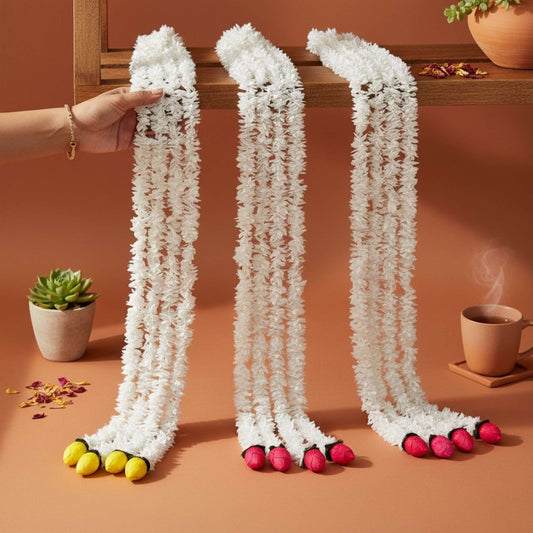 Set of 10 artificial jasmine garlands with pink & yellow lotus buds draped over shelf in warm terracotta setting
