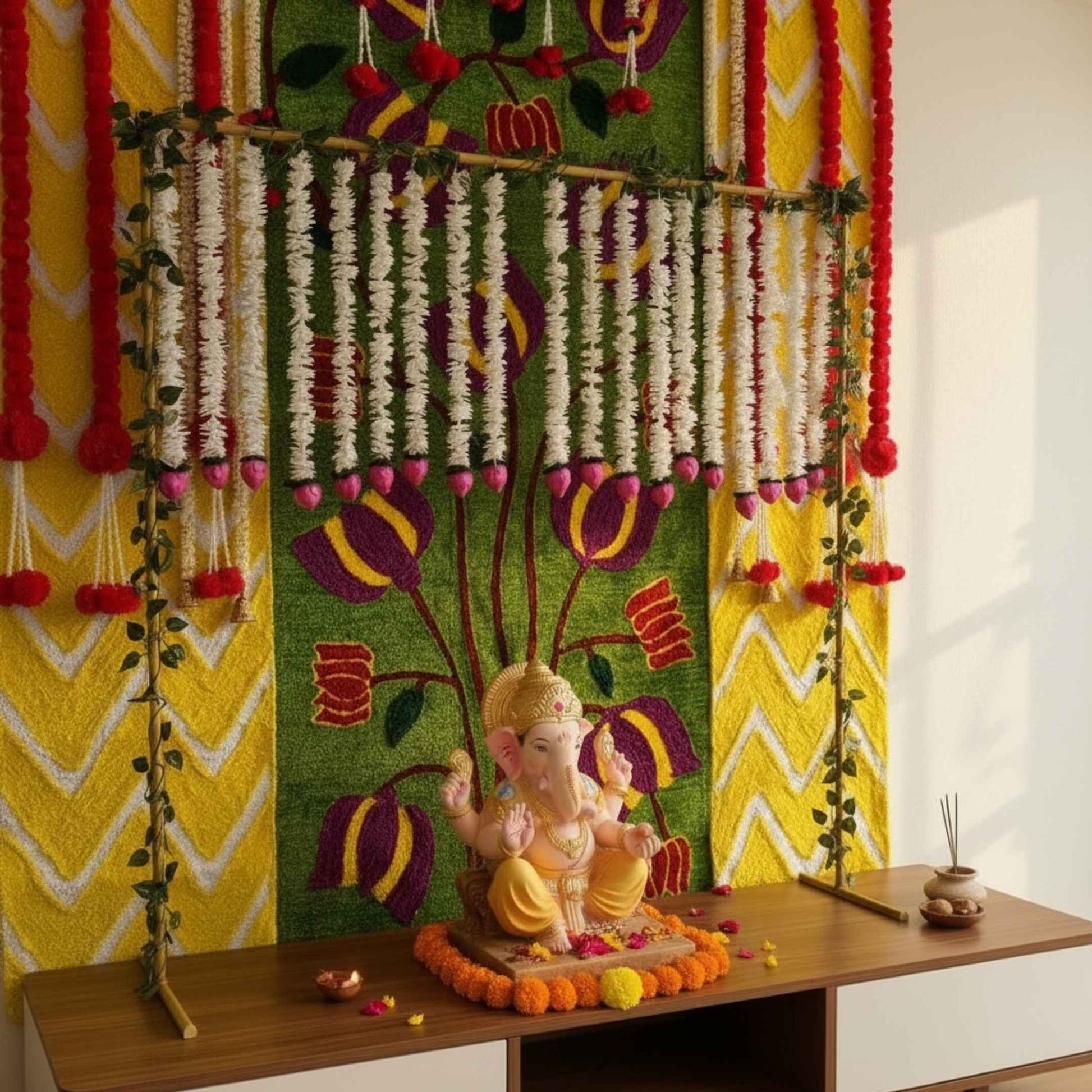 White artificial jasmine garlands hanging vertically from a bamboo rod in front of a colorful Ganesh Chaturthi backdrop