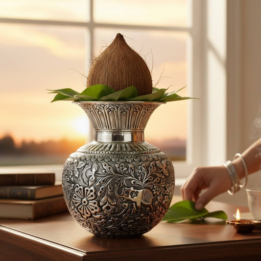 Antique silver pooja  kalash  with a coconut and leaves 
