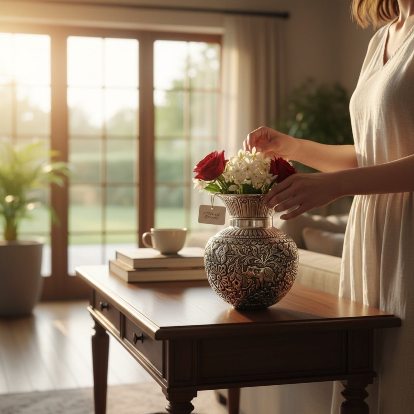 Person arranging flowers in a decorative silver vase on a wooden table in a bright room.