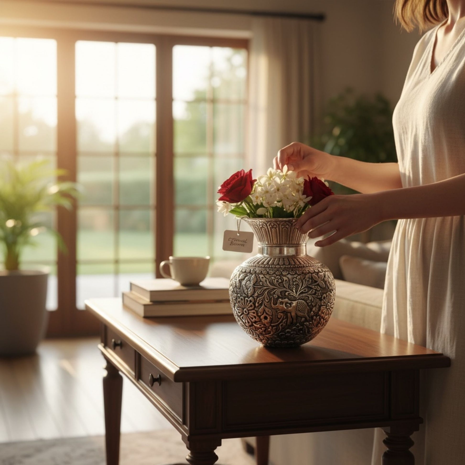 Person arranging flowers in a decorative silver vase on a wooden table in a bright room.