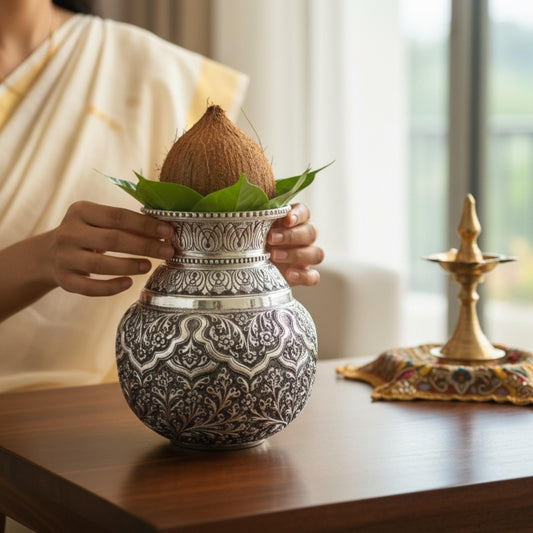 Decorative silver kalash with a coconut and leaves held by a person in pooja room