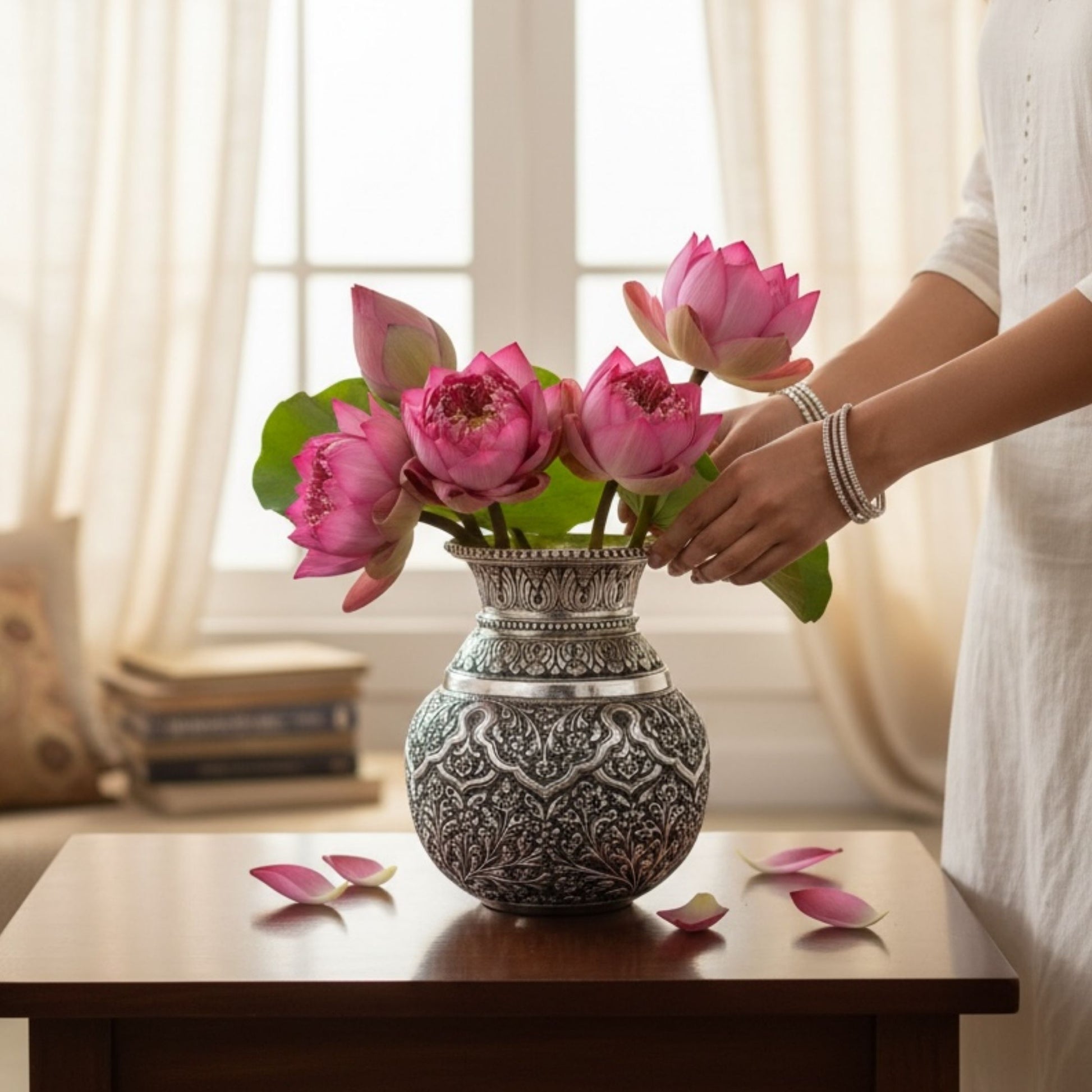 Person arranging pink lotus flowers in an ornate silver vase or kalash or lota on a table.