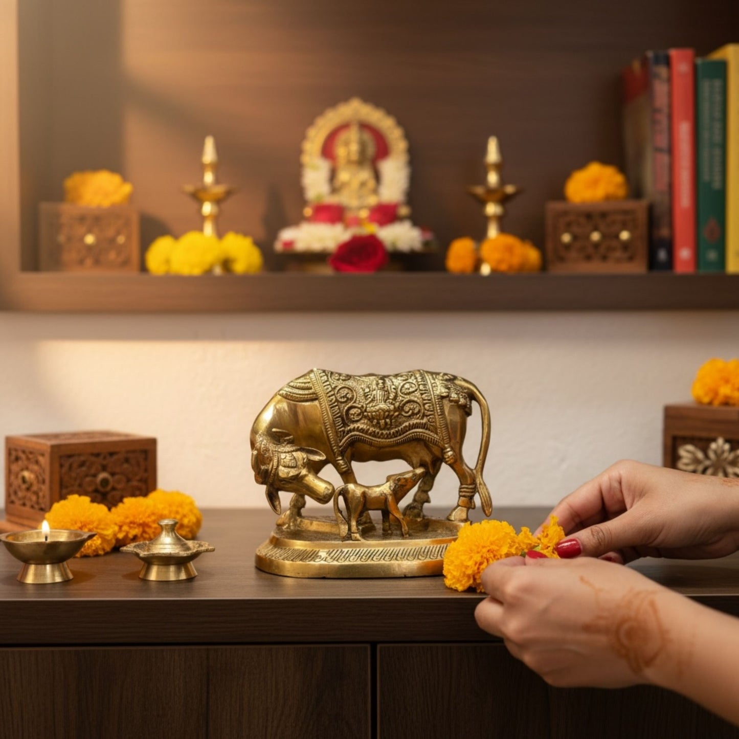 Brass Kamdhenu Cow idol on home temple altar with marigolds, brass lamps, and deity idols